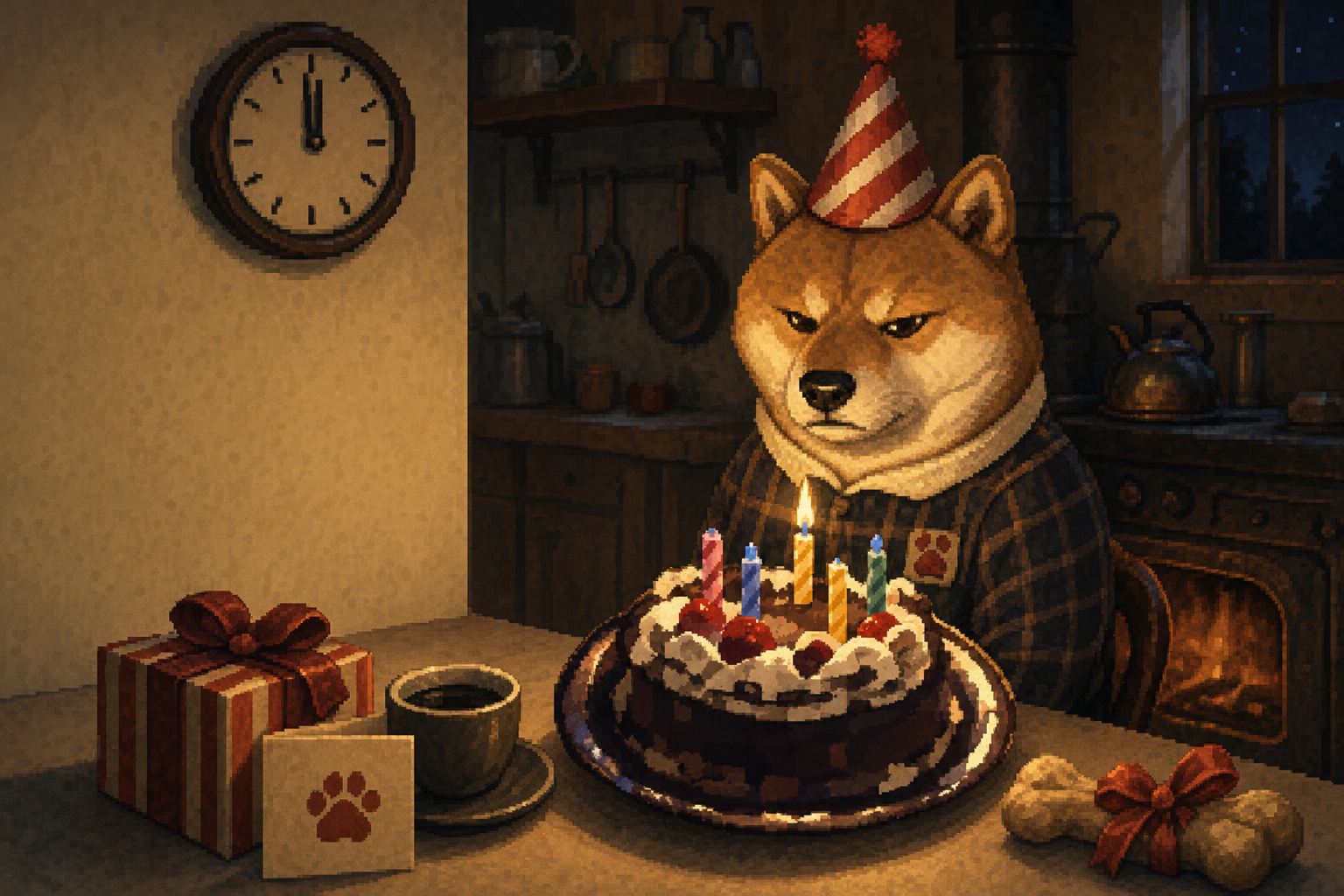 Wishbone the Shiba in a party hat and plaid shirt, staring sternly at a chocolate birthday cake with candles in a midnight kitchen